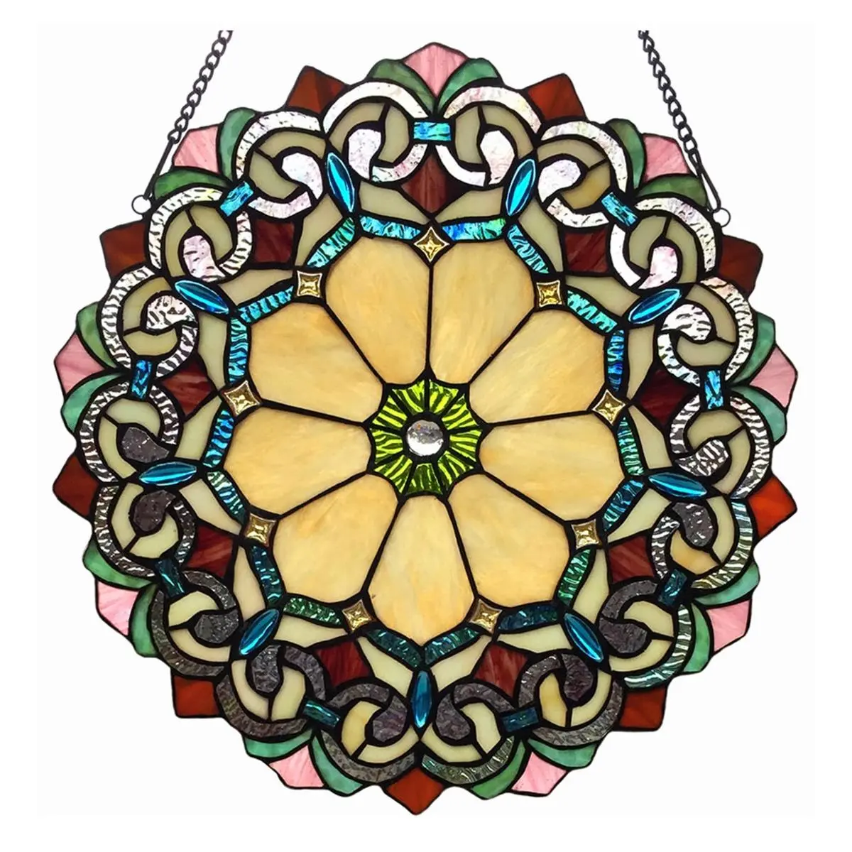 212 MAIN Ayla Victorian Tiffany-Glass Hanging Window Panel - 18x18" Handmade Antique Metal Indoor Baby Room Decor