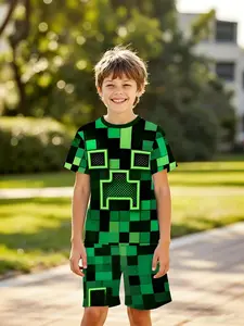 Trendy Pixel Gradient Block Boys' 3D Short Sleeve Set, Outdoor Wear, Birthday Gift, Holiday Present, Slim-Fitting Casual Style