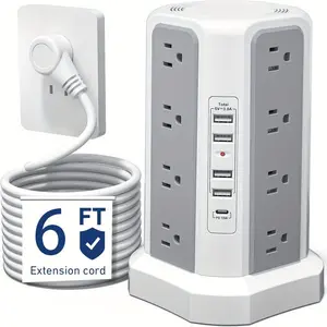 Power Strip Tower with 16 AC Outlets & 5 USB Ports – Surge Protector Extension Cord, Flat Plug Desktop Charging Station with USB C
