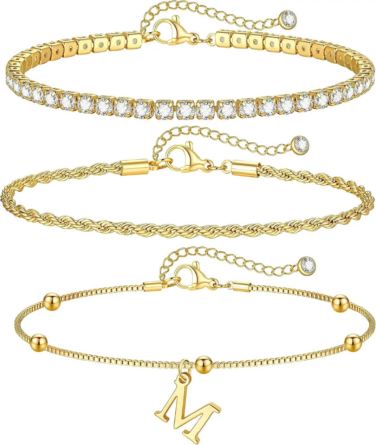 Gold Bracelets for Women Girls - Dainty Gold/Silver Bracelet Stack Jewelry Set Personalized Initial Bracelets Cute Stackable Rope Box Chain Tennis Bracelets Gifts for Women Teen Girl Gifts