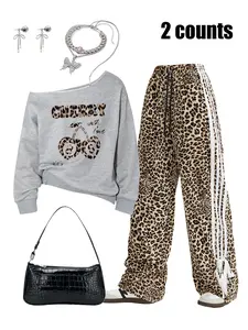 Women's Leopard Print Cherry Long Sleeve Sweatshirt & Wide Leg Pants Set, Casual Fitted Design, Spring & Fall Fashion