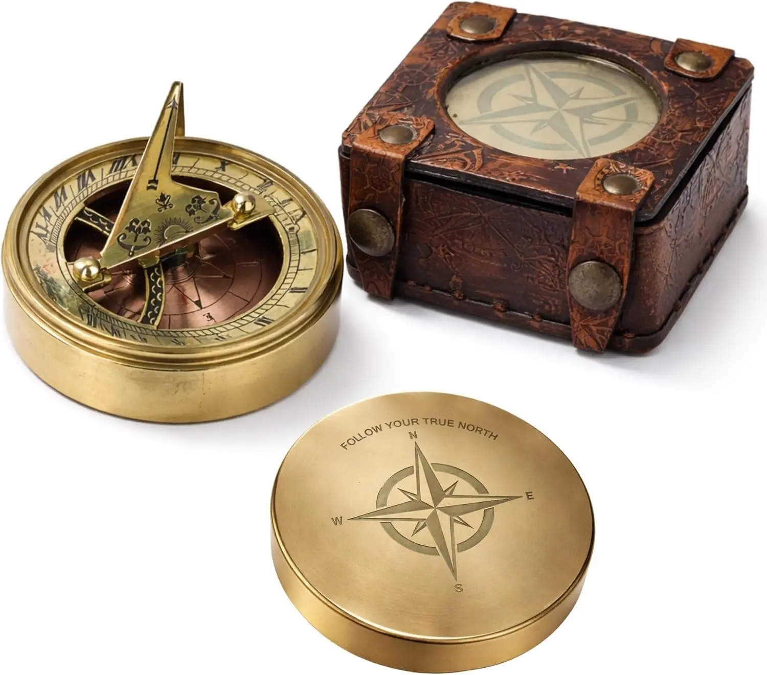 Premium Brass Sundial Compass with Engraved Lid – “Follow Your True North” Nautical Antique Compass with Leather Case – Inspirational Gift for Men, Travelers, Graduation & Décor