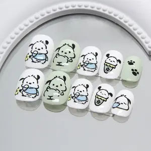 24pcs Cute Pochacco Cartoon Nail Art Design, Fresh Short Square False Nails, Versatile Manicure for School, Dates, Daily Wear
