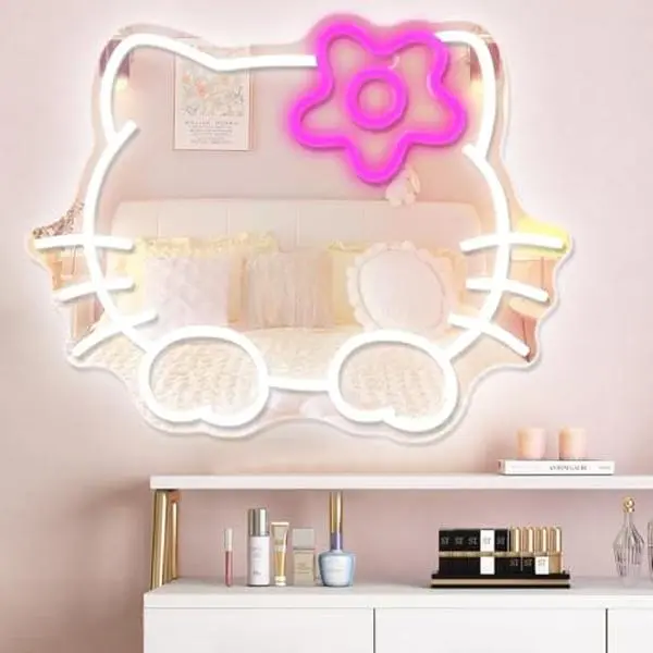 Anime Hello Kit Mirror Neon Sign Dimmable Led For Dresser Indoor Room Decor Cat Wall Light Up Bedroom Gifts