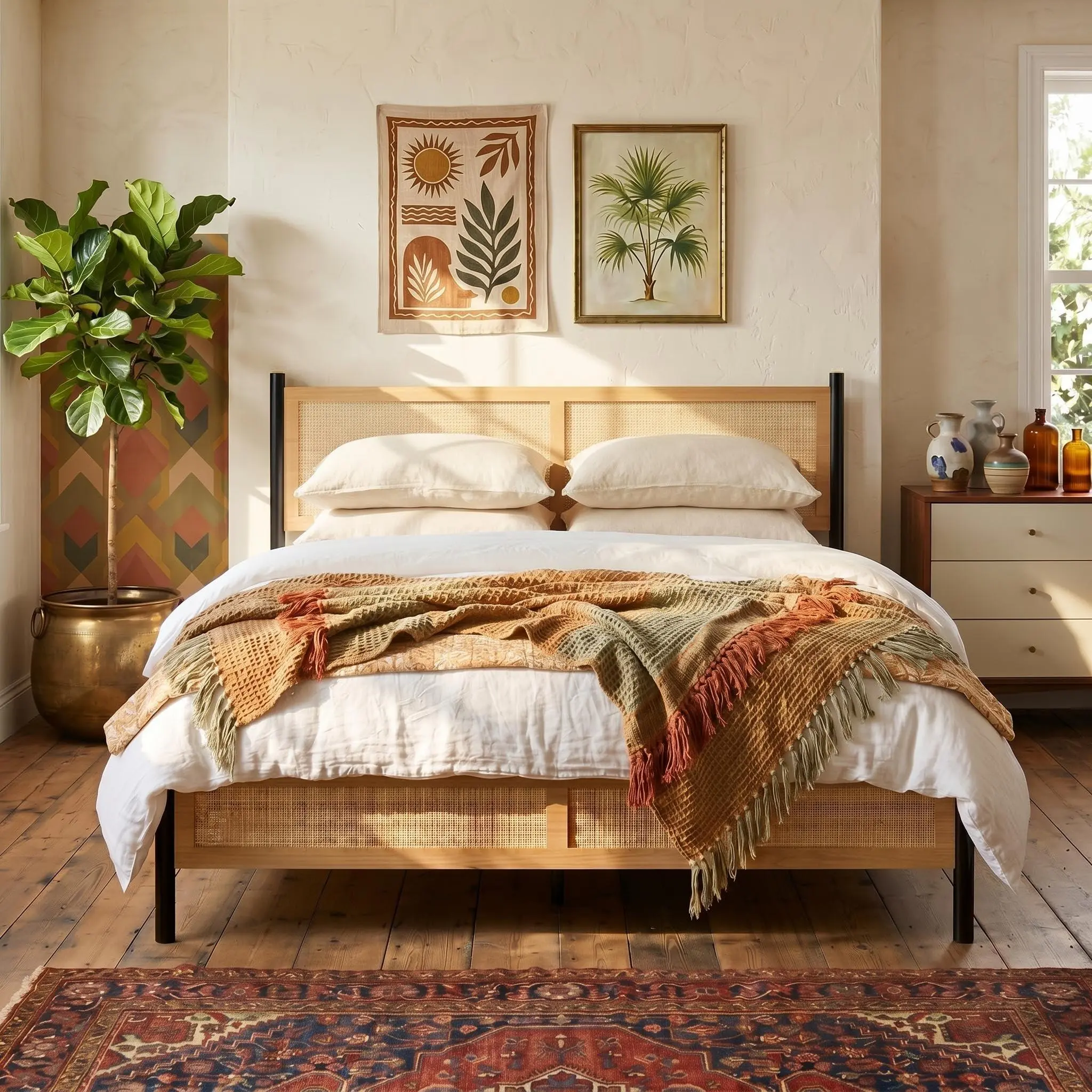 Boho Rattan Queen Bed Frame with Hand Woven Wicker Headboard & Footboard | Rattan Queen Bed Frame with Headboard,Boho Bed Frame Queen Size with Hand Woven Wicker Headboard & Footboard