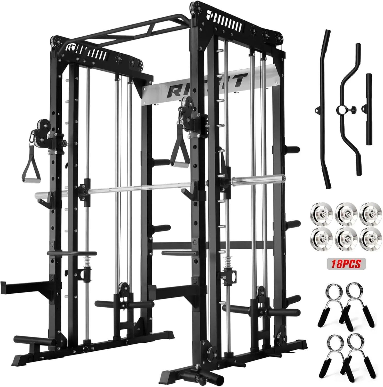 JKDJRitFit M1 Pro Smith Machine Cable Crossover Power Cage Home Gym | Dual 360 Cables, Barbell & Handles, LAT Pulldown, 1850LBS Weight Capacity