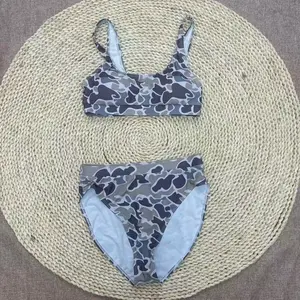 Girls Camo Tankini Swimsuit, High Waisted Two Piece Swimwear, Quick Dry Camouflage Bikini Set, Summer Beach Bathing Suit