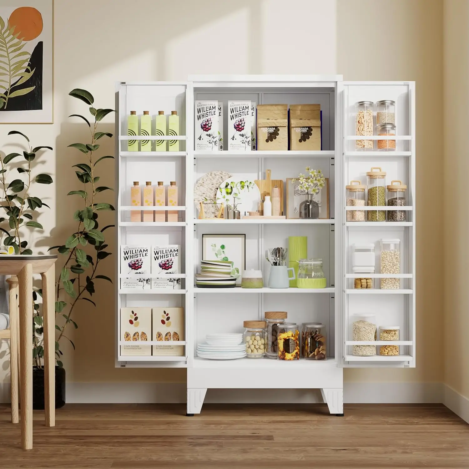 Metal Kitchen Pantry Cabinet,51.2" Tall Storage Cabinet with 2 Doors, Cupboard with 8 Hanging Shelves and Adjustable Shelves for Kitchen, Dining Room