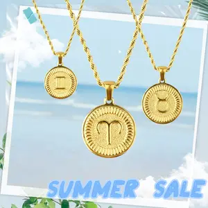 Zodiac Coin Necklace 18K Gold Plated Stainless Steel Horoscope Pendant Astrology Medallion Jewelry for Men Women Tarnish Free Constellation Charm Birthday Gift