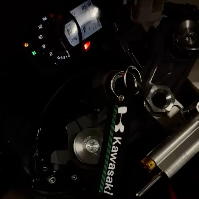 Motorcycle Keychain - Black with Green and White Logo  .Black with white and red logo