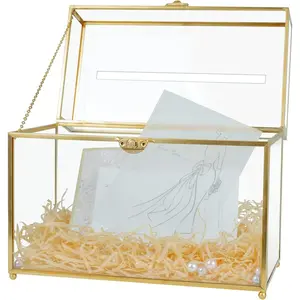 Glass Wedding Card Box with Slot, Large Clear Card Box  Brass  Card Storage Box  for Wedding Receptions, Birthday Party, Bridal Shower Greeting Card Organizer
