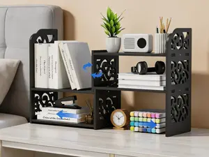 Adjustable black desktop organizer shelf, multi-use corner storage and small bookshelf for office tidying and decoration.