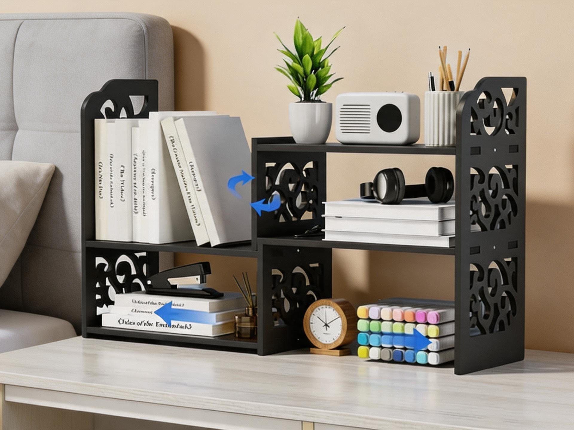 Adjustable black desktop organizer shelf, multi-use corner storage and small bookshelf for office tidying and decoration.