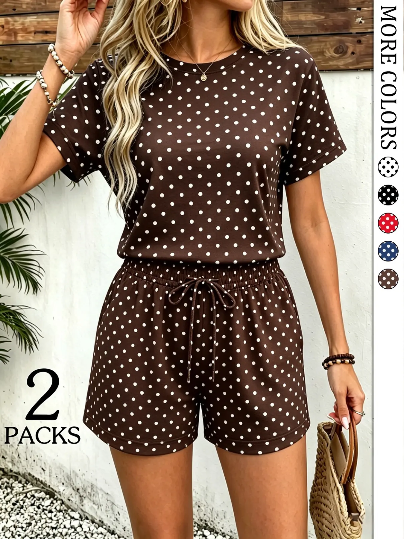 2-Pack Polka Dot Short Set – Women's Summer Matching Casual, Home & Light Sports Outfits, Clothes, Soft Breathable Fabric, Crew Neck Top & Elastic Waist Shorts, 2-Piece Set, More Colors Available