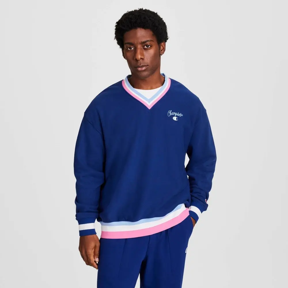 Champion Men's Club Sport Striped V-Neck French Terry Pullover