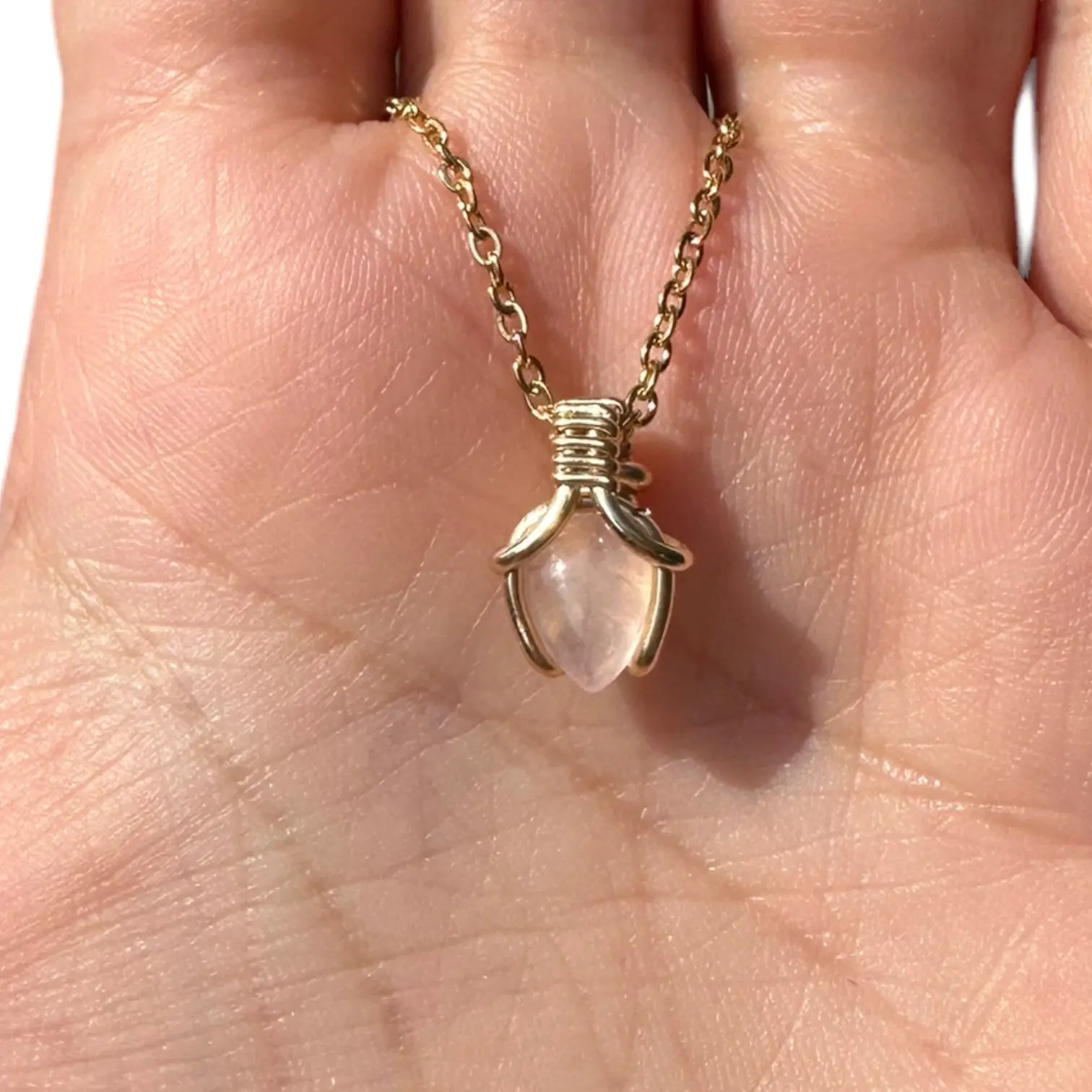 Sterling Silver | 14KT Gold Filled Mini Teardrop Rose Quartz Wire Wrapped Wishbone Pendant