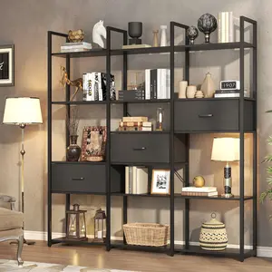 73" Tall Display Shelf with 3 Drawers, Large Etagere Bookshelf, Triple Wide Book Shelf Book Case for Home & Office, Black