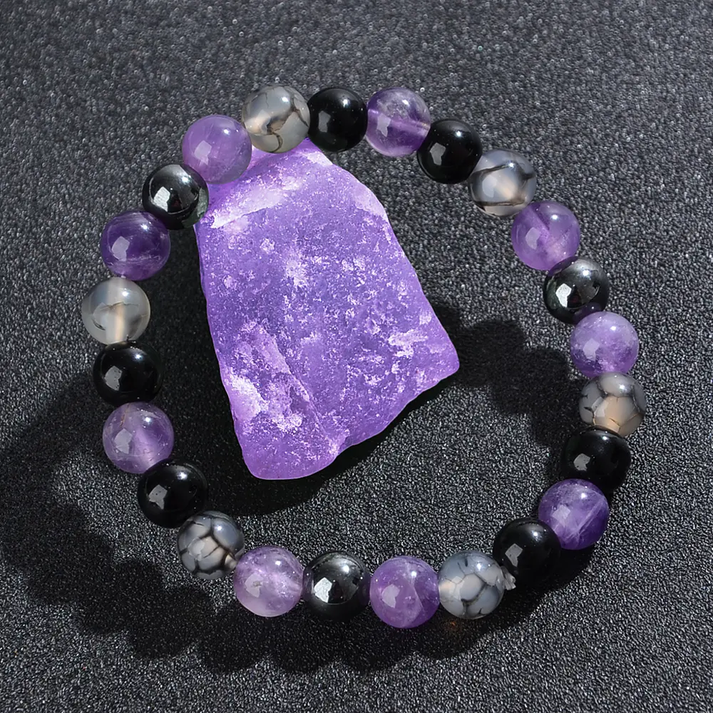 2PCS Natural Amethyst Stones and Anxiety Amethyst Bracelet, Feng Shui Jewellery Set with Spiritual Amethyst Stones and Bracelet, Christmas Jewellery Set friendship  bracelet