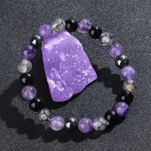 2PCS Natural Amethyst Stones and Anxiety Amethyst Bracelet, Feng Shui Jewellery Set with Spiritual Amethyst Stones and Bracelet, Christmas Jewellery Set friendship  bracelet
