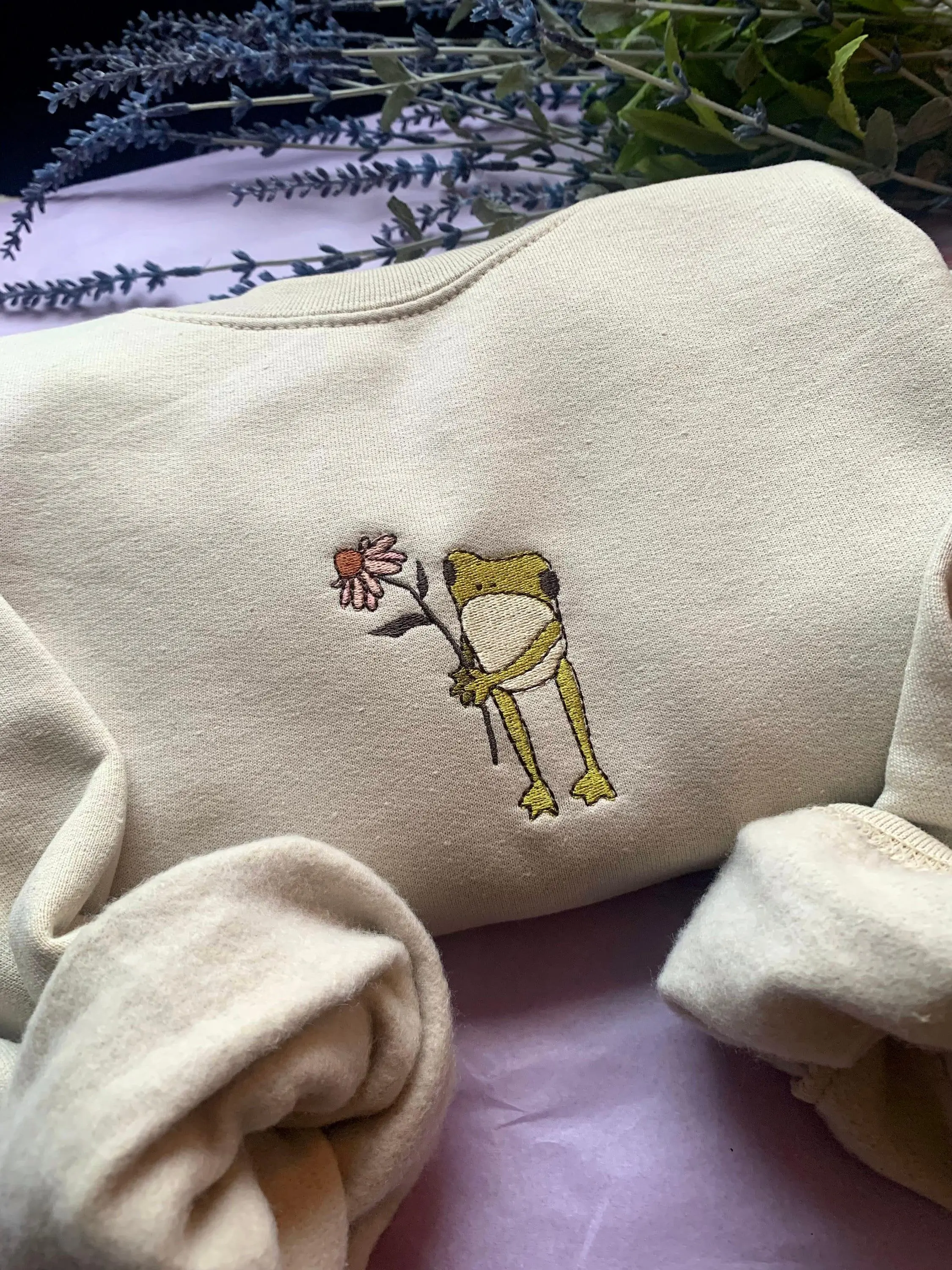 Flower Frog Embroidered Crewneck Sweatshirt, Animal Lovers Shirt, Gift For Her, Preppy Tee