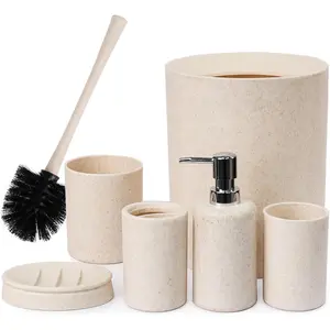 Bathroom Accessories Set 6 Piece Wheat Straw Bath Ensemble Includes Soap Dispenser, Toothbrush Holder, Toothbrush Cup, Soap Dish for Decorative Countertop and Housewarming Gift (Beige)