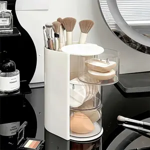 3-Layer Cosmetic Storage Box 180° Rotating Makeup Organizer, Transparent Beauty Storage Container for powder puff sponge cushion beauty egg, makeup brush holder and cosmetic tools organization, desktop vanity organizer for home beauty storage essentials
