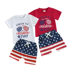 Toddler Baby Boy 4th of July Outfit Short Sleeve Letter T-Shirt Top American Flag Shorts Set Fourth of July Clothes