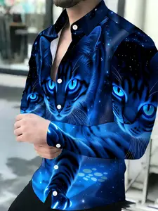 Men's Breathable Lapel Long Sleeve Starry Galaxy Blue Cat Print Button-Down Shirt Casual Shirts