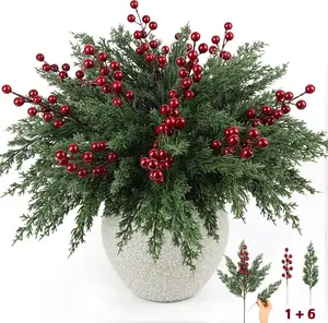 12Pcs/84Pcs Christmas Artificial Pine Branches with Red Berry Stems, 18'’ Faux Christmas Tree Picks, Cedar Cypress Leaves Stems for Xmas Decorations Indoor DIY Craft Home