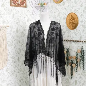 Sequin Embroidered Lace Fringe Shawl,Sheer Mesh Wrap,Festival Witchy Scarfs, Sparkly Vintage Drape, Bohemian Chic Whimsy Layering Fall Winter Shawl