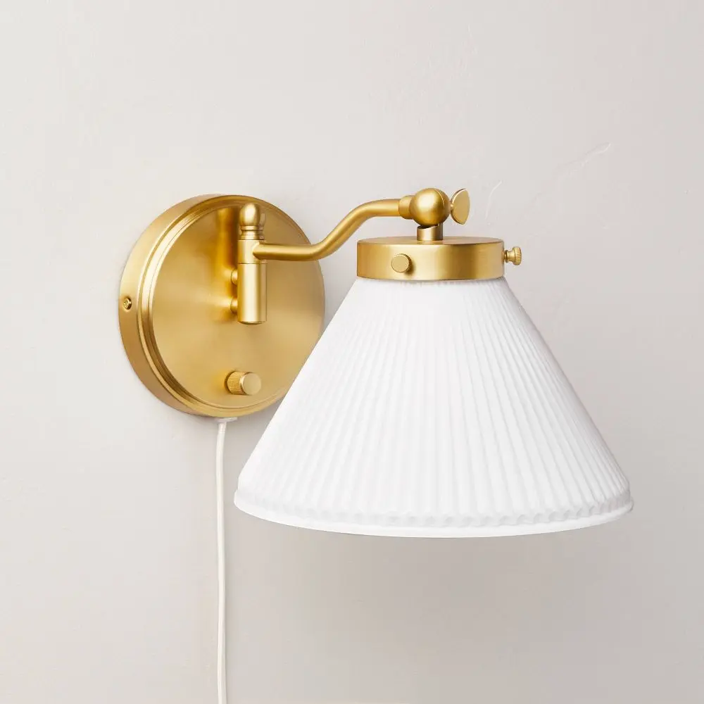 Reeded Milk Glass Wall Sconce with Brass Finish - Hearth & Hand with Magnolia, Cone Shade, Iron Body, ETL Listed, Home Decor, Apartment Decor, Indoor Use Plugged Light