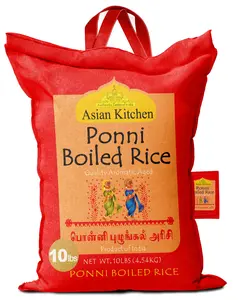 Asian Kitchen Ponni Boiled Rice 10-Pound Bag, 10lbs (4.54kg) Short Grain Par Boiled Rice ~ Natural | Gluten Friendly | Vegan