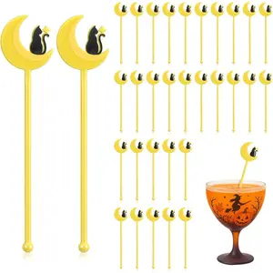 SiliFine 30 Pcs Halloween Swizzle Sticks Plastic Coffee and Cocktail Stirrers Fall Thanksgiving Drink Stirrers Cocktail Mixers for Halloween Fall Autumn Party Tea Coffee Bar Decoration(Moon and Cat)