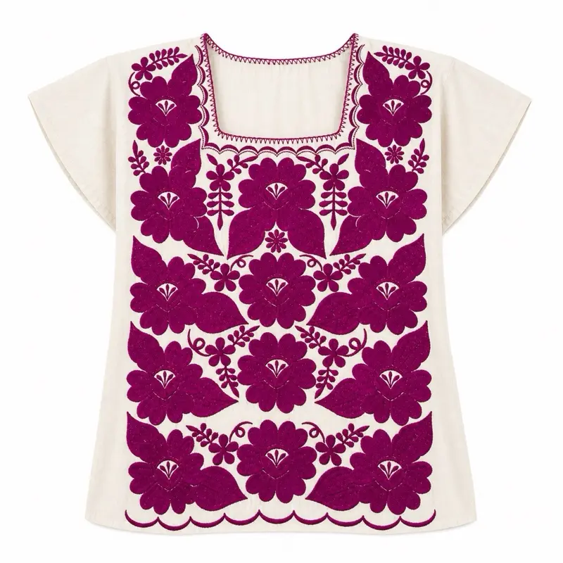 Women's Magenta Floral Mexican Embroidery Huipil Blouse