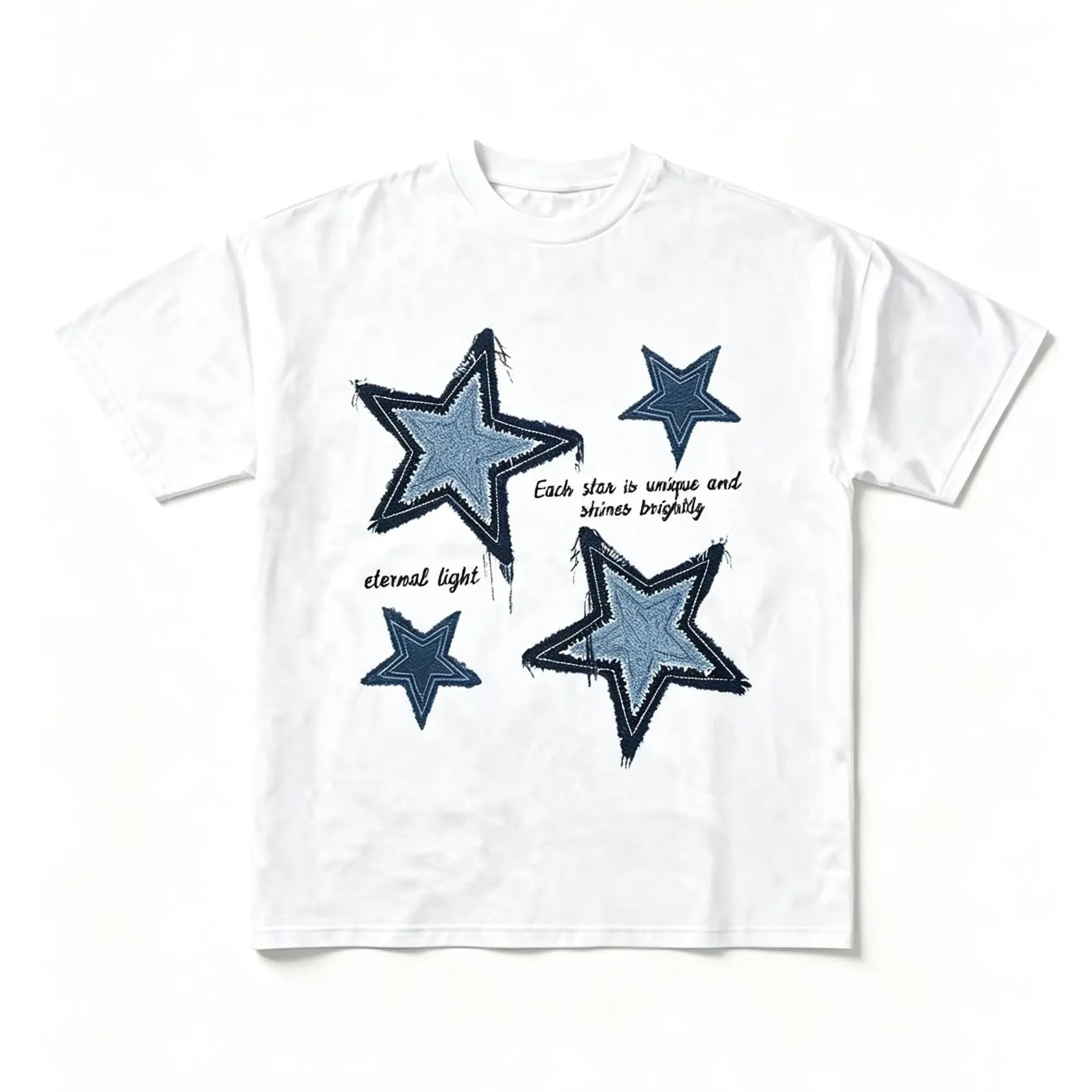 Women's White Cotton Short-Sleeve Denim Fringed Star Patch Graphic T-Shirt, Eternal Light Slogan Print, Unisex Aesthetic Urban Streetwear Casual Top