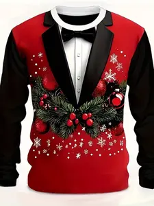 Christmas Theme Men's Long Sleeve T-Shirt, Colorblock Dress Style, Snowberry Pattern, Festive Atmosphere, Gift & Wear