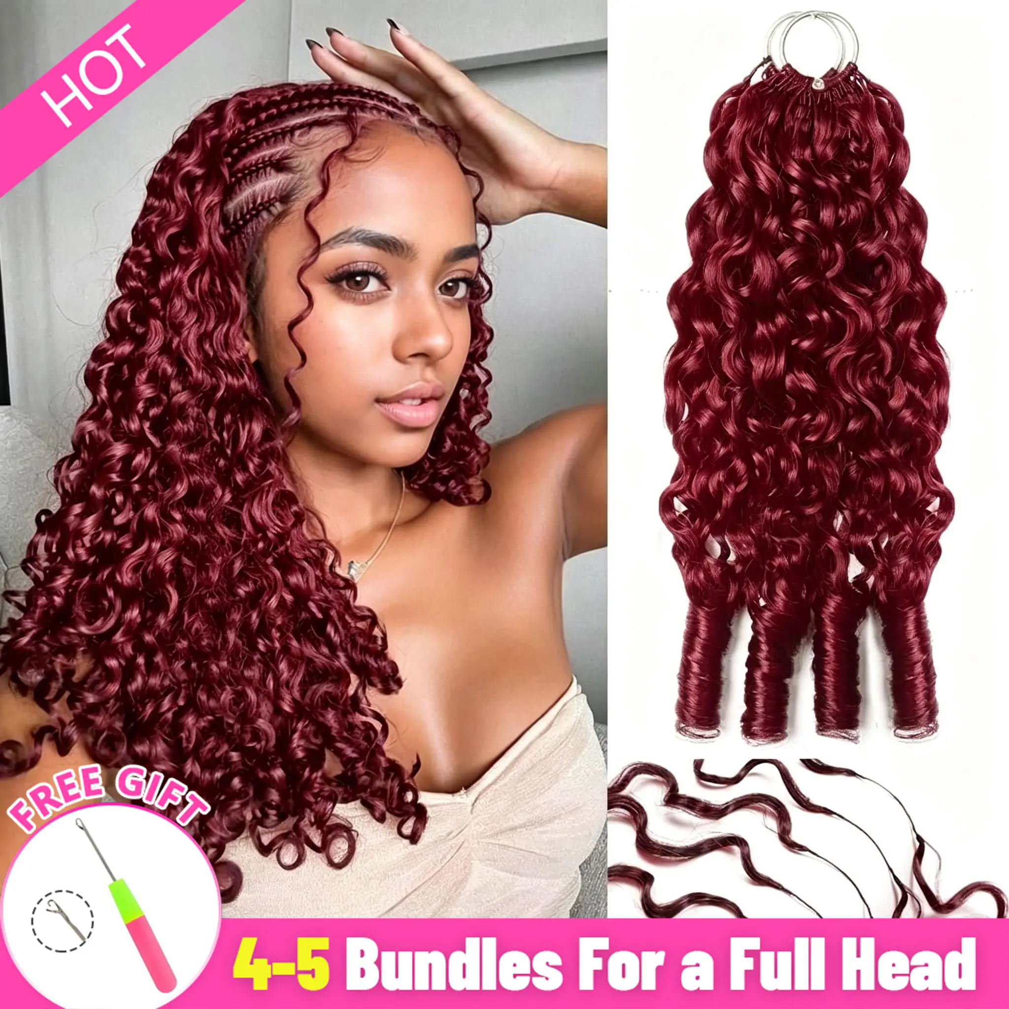 Bling Hair 99J Burmese Curly Knotless Pre-Separated Crochet Hair Extensions For Braids Feather Line 100% Human Hair Burgundy Color 18-24inch