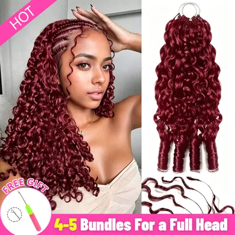 100% Human Hair Crochet Hair Extensions - 99j-Burmese Curly, Bling Glueless Clip-On, Knotless Pre-Separated, Feather Line, 50g/Pack 40 Strands, 18-24in, Keeps Braids Sleek