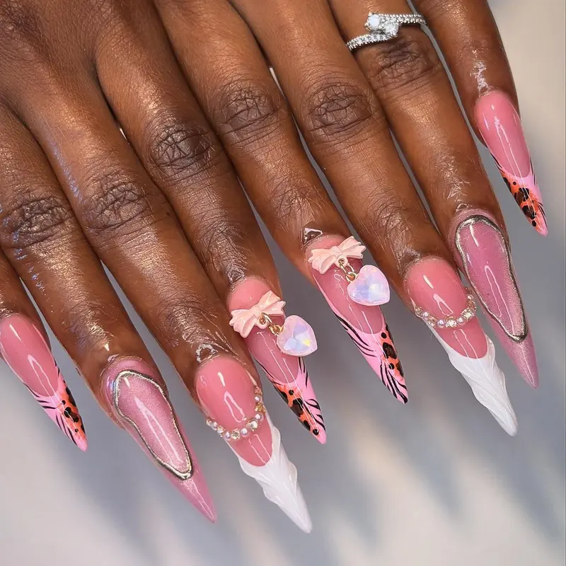 NailKavie Long Stiletto Pink Leopard Print French Tip Nails 3D Bow Dangling Heart Charm Pearl Chain Coquette Baddie Press On Nails