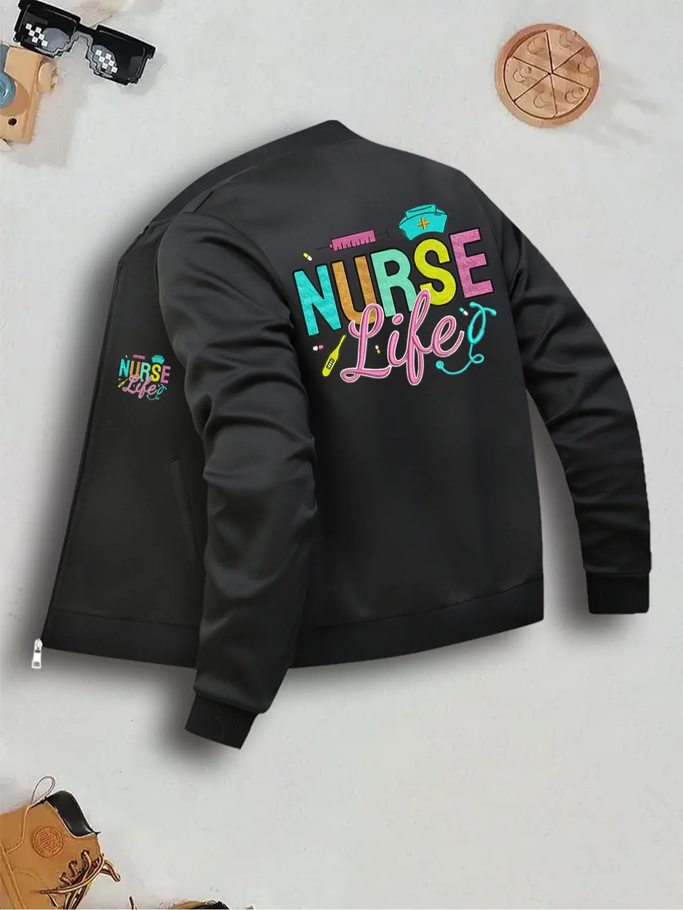 Nurse-Themed Printed Women's Casual Fitted Long Sleeve Jacket Fabric with Zipper Closure, Pocket Design, Suitable for Outdoor Styles, Daily Wear & Layering, Coats, Outerwear, Womenswear