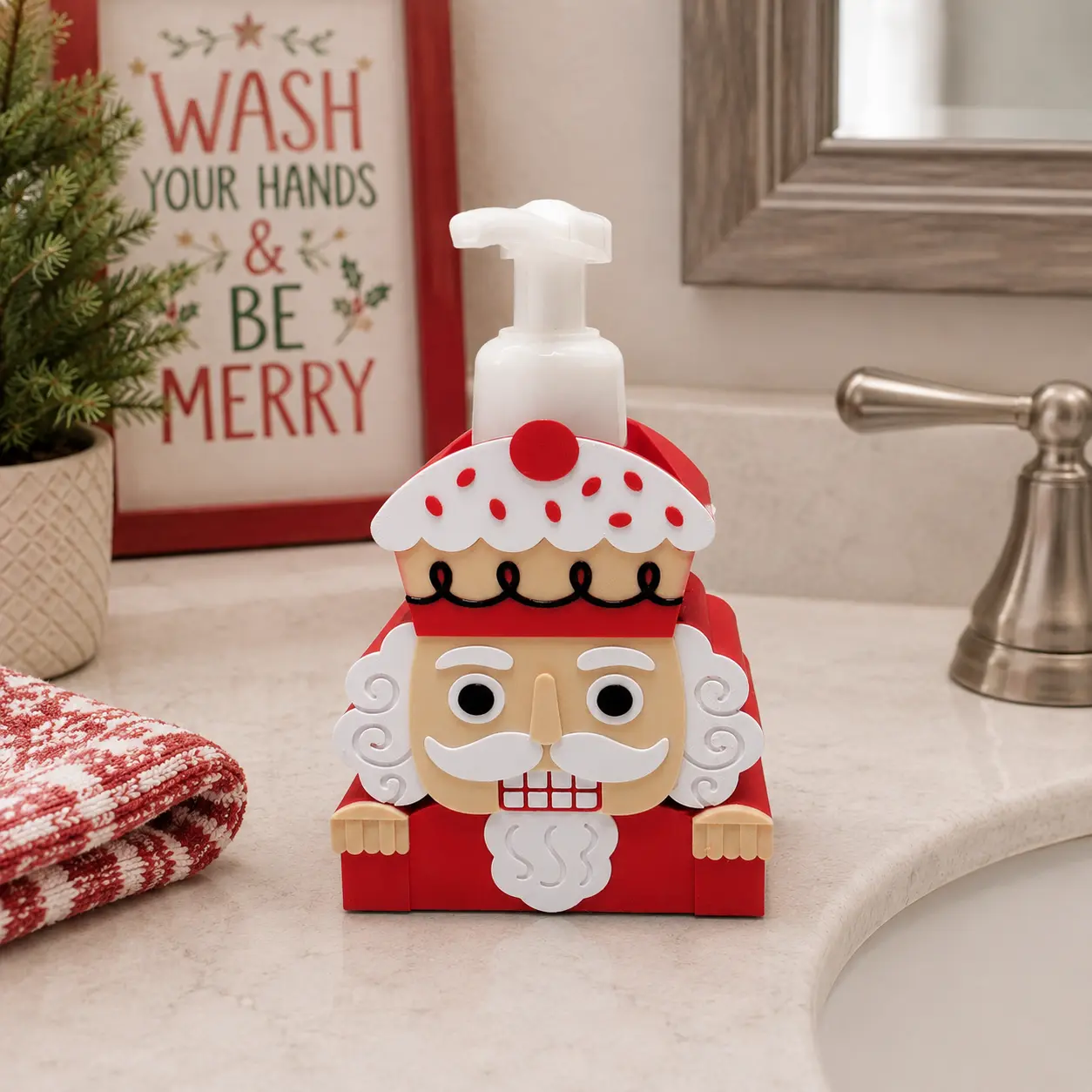 Nutcracker Foaming Soap Bottle Holder – Cute 3D Printed Red and White Christmas Nutcracker Soldier – Bath and Body Works Foaming Soap Dispenser Stand – Holiday Festive Bathroom Kitchen Counter Decor – Nutcracker Lover Christmas Gift