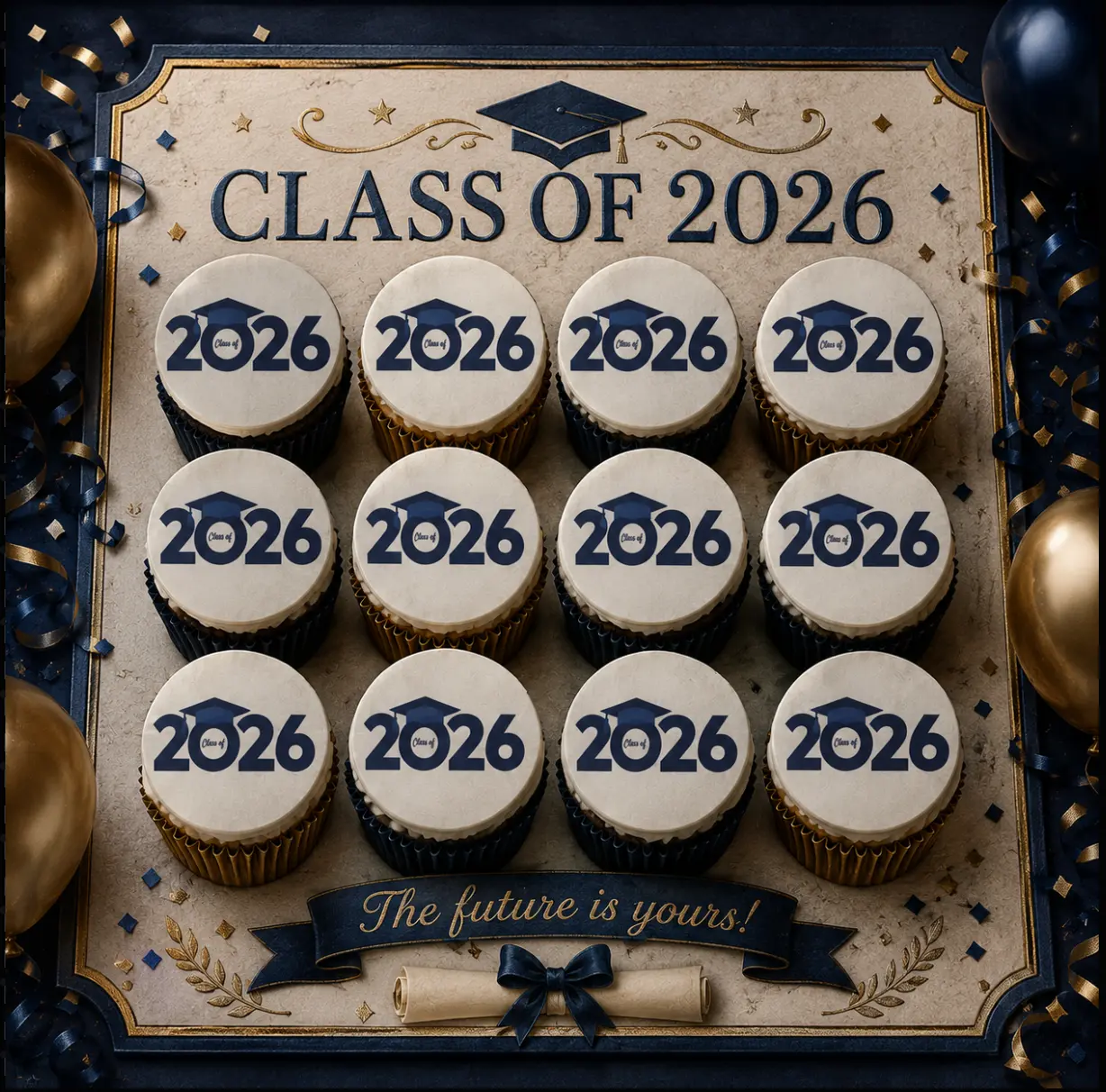 2026 Graduation Edible Wafer Paper Images Set - 12-Piece Pre-Cut Vegan Dairy-Free Multi-Size Dessert Decor, 1in/1.5in/2in Rounds with Transparent Border, for Graduation Day Mini Cupcakes, Molded Chocolate Oreos
