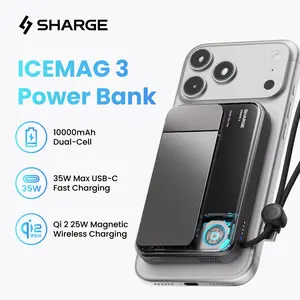 SHARGE ICEMAG 3 MagSafe Portable Charger, Qi2.2 25W Magnetic Power Bank 10000mAh 35W USB-C Fast Charging, with Active Cooling& Built-in Cable, Transparent RGB Design for iPhone 17e/16/15 Series