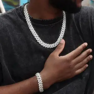 Fashion Hip Hop Cuban Link Chain Necklace Bracelet Set for Men, Rhinestone Cuban Necklace Bracelet Silver Plated 14mm Iced Out Cuban Chain for Men Women Jewelry Set Gift