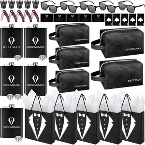 50Pcs Groomsmen Proposal Gift Box Set with Flasks Sunglasses PU Leather Toiletry Bag Bottle Opener for Wedding Groomsman Best Man Gift Black