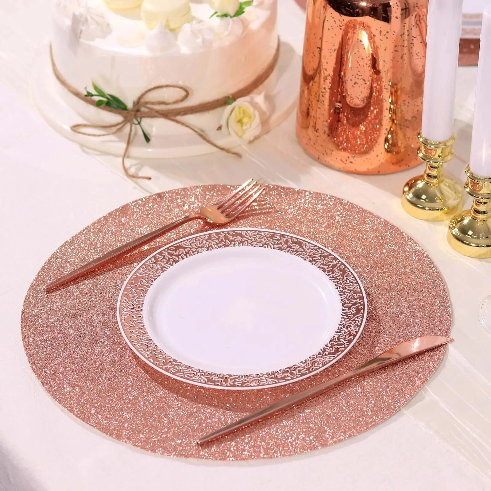 Rose Gold Spark Glam Round Placemats & Coasters (6-Pack, 13in), Non-Slip Stain-Resistant Tableware, Decorative Dining Mats for Coffee Table That Protects Furniture