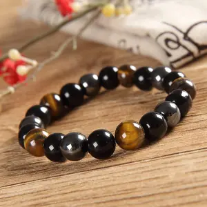 2 Pcs Black Obsidian Tiger Eye Bracelets for Men Women,Hematite Natural Stone Beaded Bracelets Handmade Healing Crystal Chakra Bracelet Good Luck Wealth Protection Bracelet