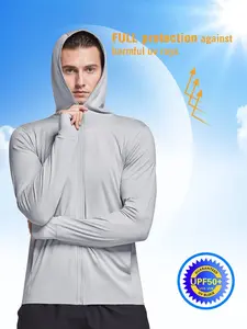 Men's Upf50+ Ice Silk Sun Protection Jacket, Hooded Full Face Coverage, Breathable UV Blocking, Running Cycling Outdoor Sports Coat, Sports Outerwear