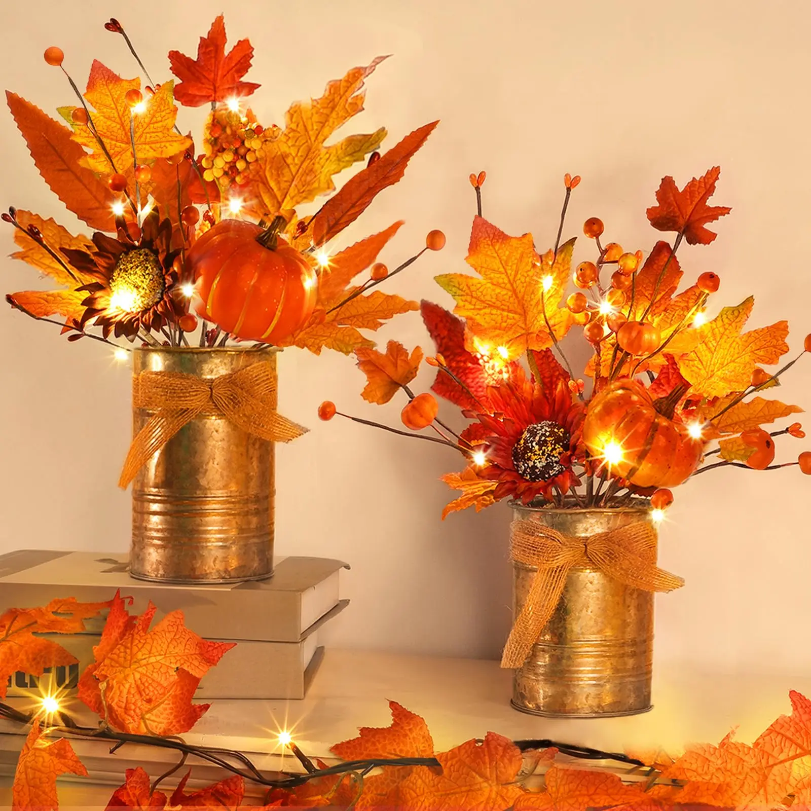 [2-Style] 2 Pack 13 Inch Fall Decor Fall Centerpieces for Tables with 20LED Lights Maple Arrangement Pumpkin Sunflower in Metal Pot Fall Decorations for Home Kitchen Thanksgiving Autumn