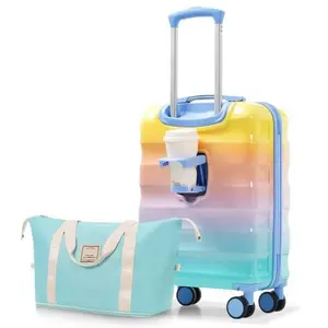 20-Inch Hardside Luggage 2-Piece Carry-On Set – PC+ABS Multicolor Suitcase with Spinner Wheels, Cup Holder, TSA Lock, Airline Approved, Lightweight Travel Bag (Orange, Blue)